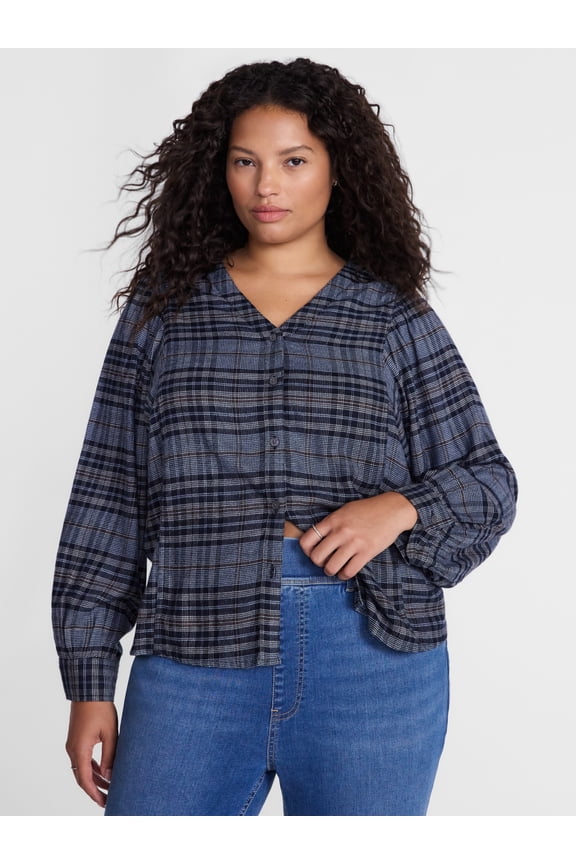 Women's Plus Button Front Woven Shirt with Long Puff Sleeves, Sizes 0X- 5X