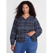 Terra & Sky Womens Plus Button Front Woven Shirt with Long Puff Sleeves, Sizes 0X- 5X