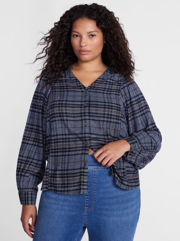 Women's Plus Button Front Woven Shirt with Long Puff Sleeves, Sizes 0X- 5X