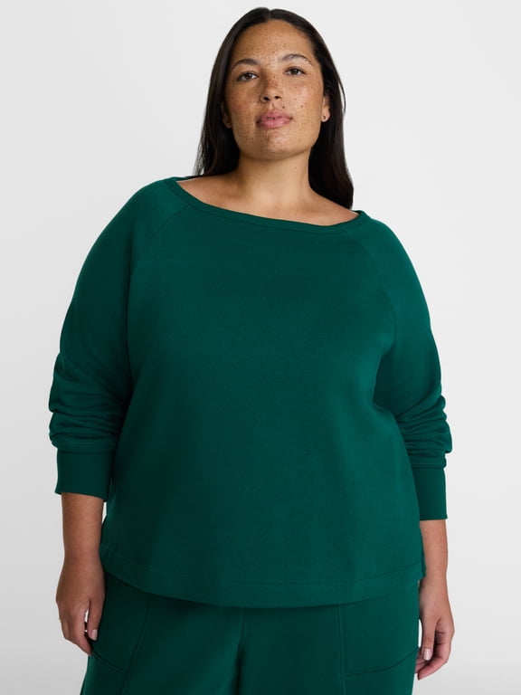 Women's Plus Fleece Boatneck Sweatshirt with Long Sleeves, Sizes 0X-5X
