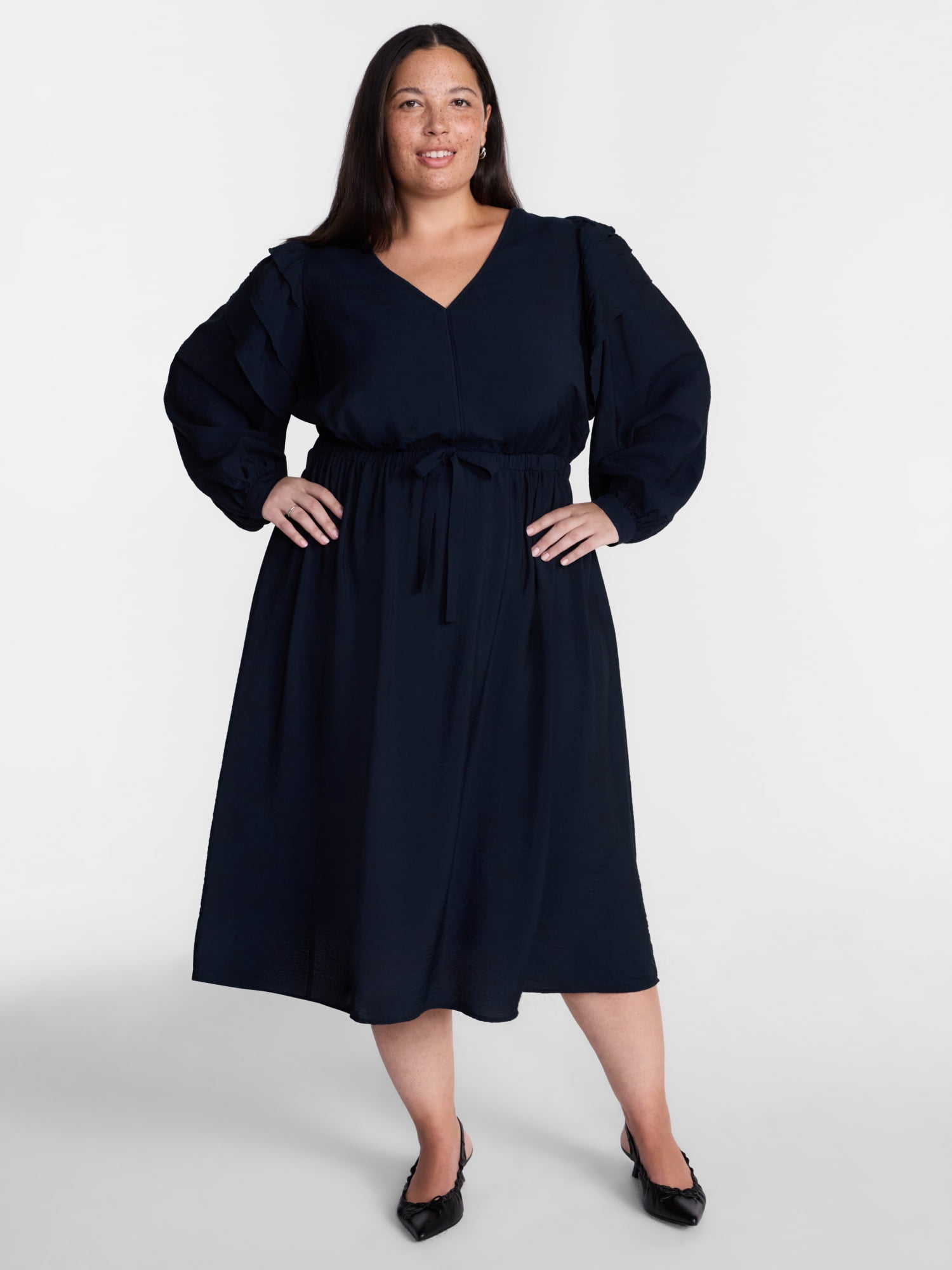 Terra & Sky Women’s Plus, Ruffle Puff Sleeve Midi Dress, Sizes 0X-5X