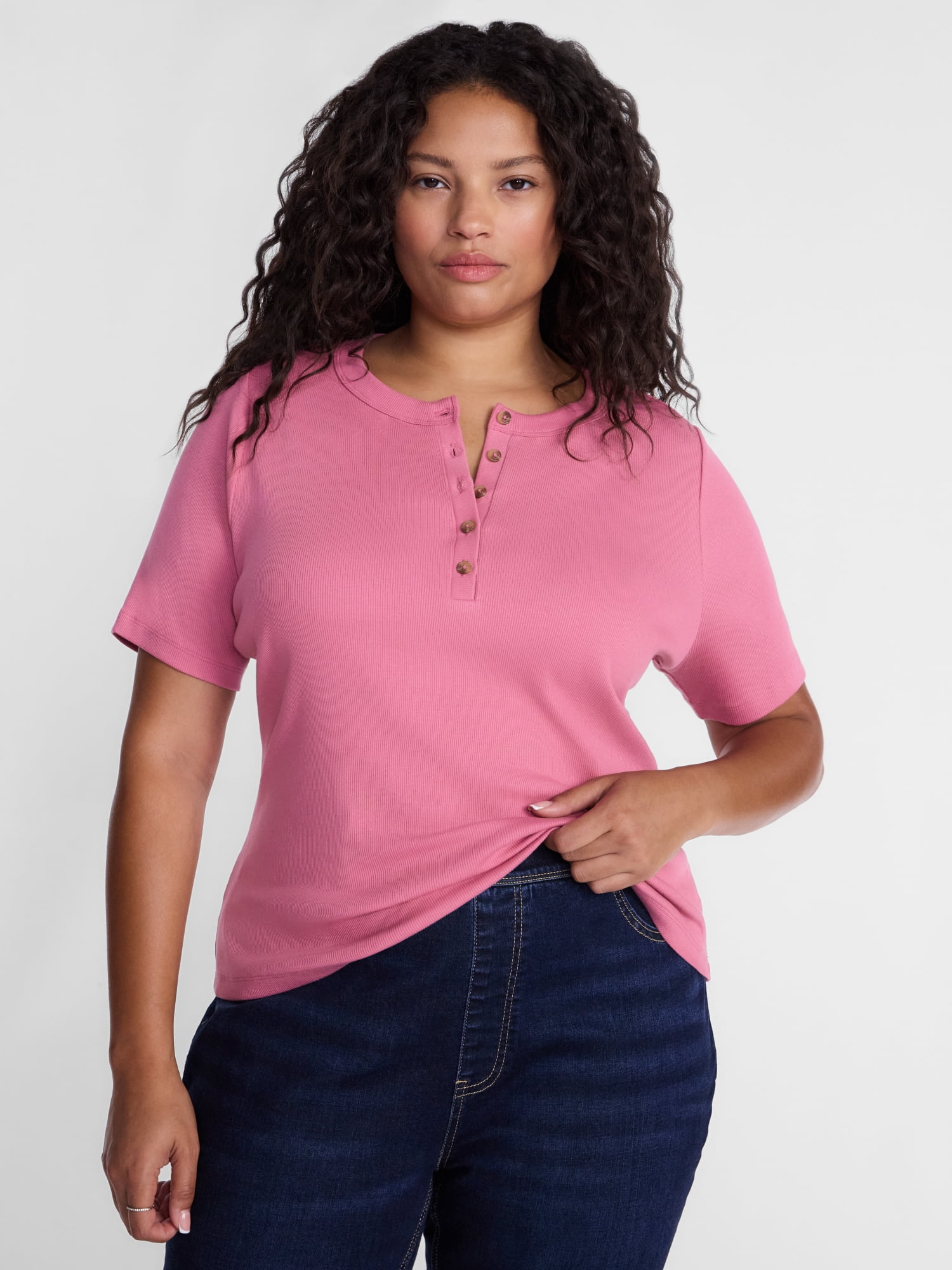 Terra & Sky Women's Plus Ribbed Henley Top with Short Sleeves, Sizes 0X-5X
