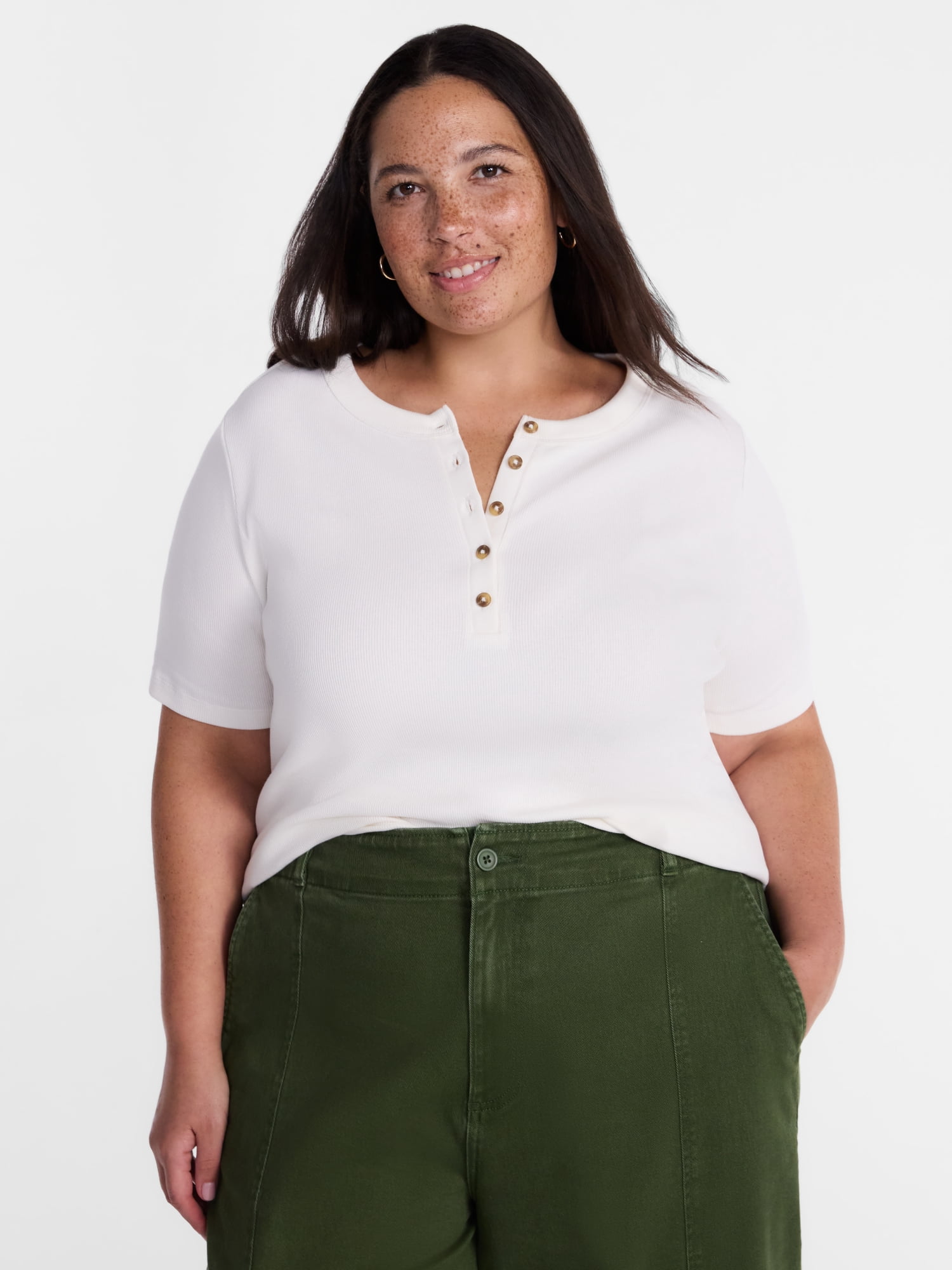 Terra & Sky Women's Plus Ribbed Henley Top with Short Sleeves, Sizes 0X-5X