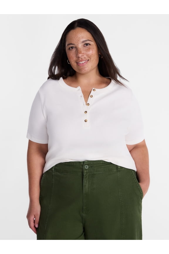 Women's Plus Ribbed Henley Top with Short Sleeves, Sizes 0X-5X