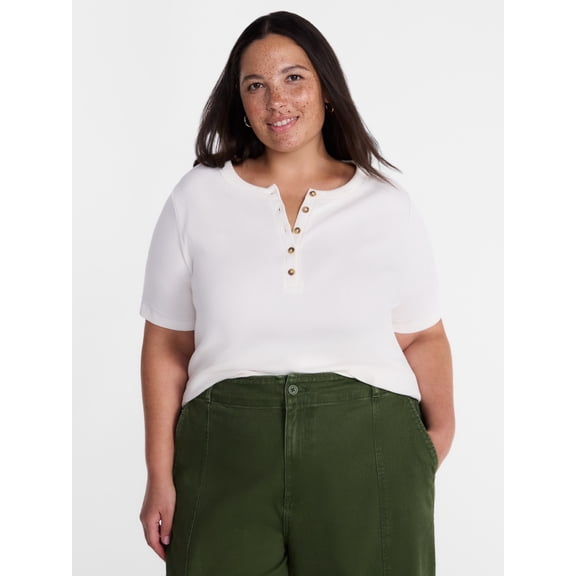 Terra & Sky Women's Plus Ribbed Henley Top with Short Sleeves, Sizes 0X-5X