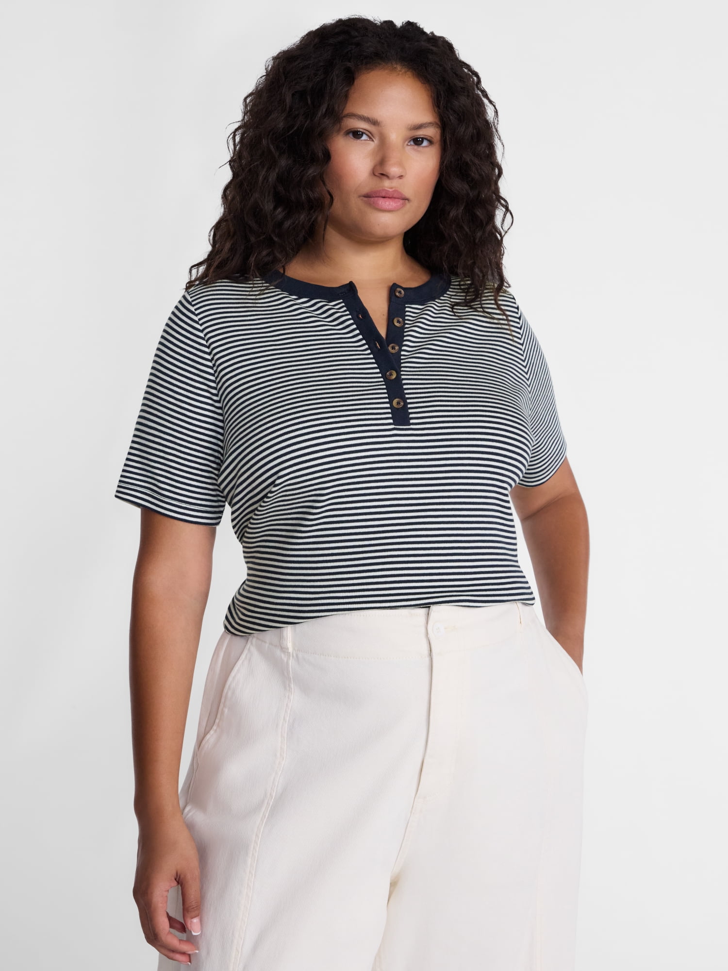 Terra & Sky Women's Plus Ribbed Henley Top with Short Sleeves, Sizes 0X-5X