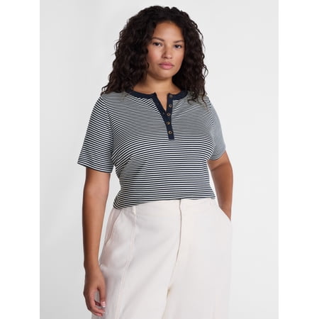 Terra & Sky Women's Plus Ribbed Henley Top with Short Sleeves, Sizes 0X-5X