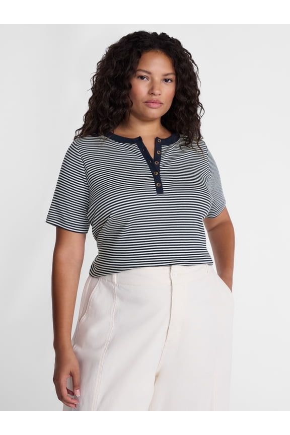 Women's Plus Ribbed Henley Top with Short Sleeves, Sizes 0X-5X