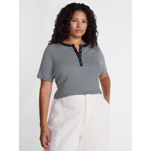 Terra & Sky Women's Plus Ribbed Henley Top with Short Sleeves, Sizes 0X-5X