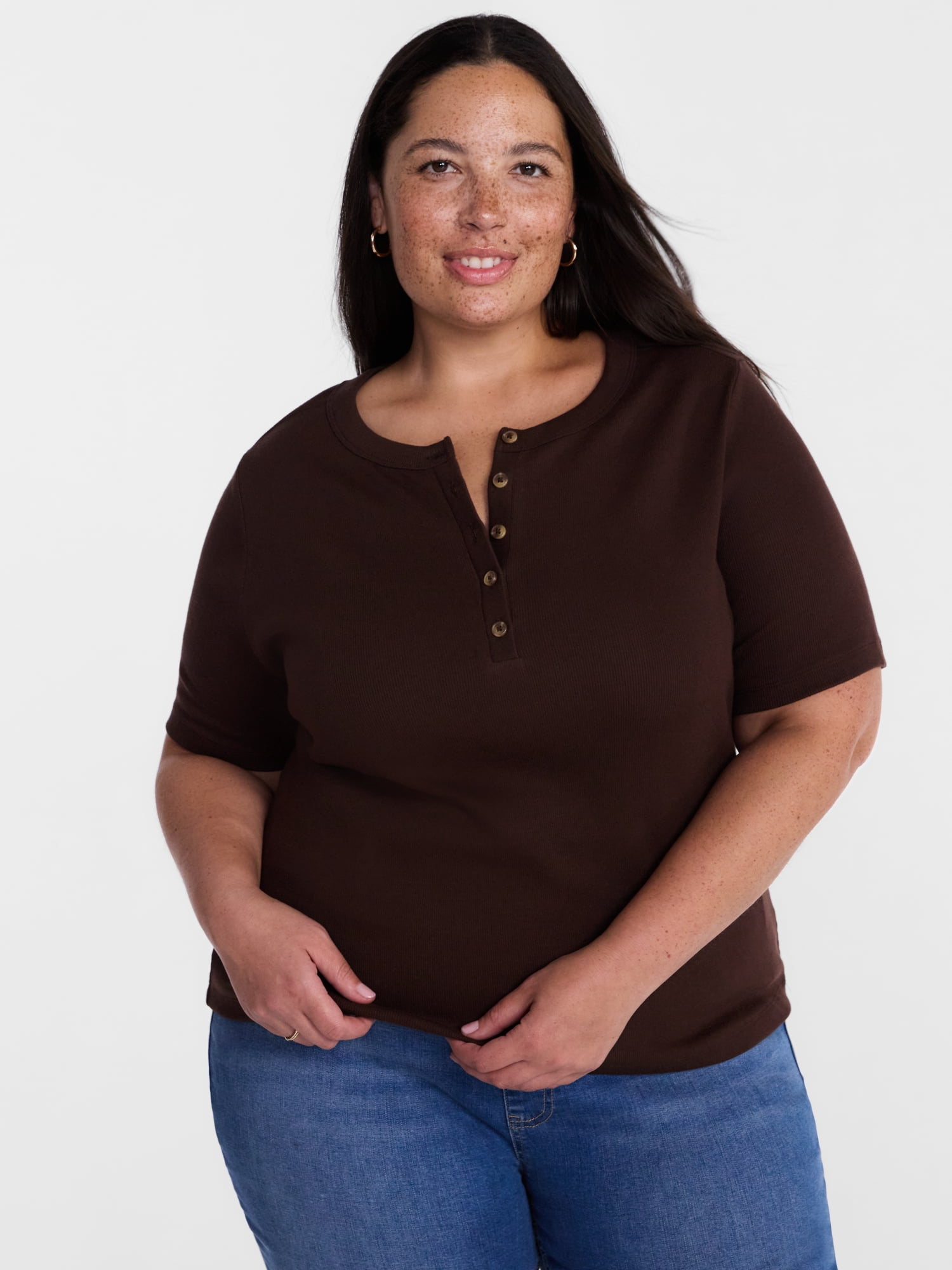 Terra & Sky Women's Plus Ribbed Henley Top with Short Sleeves, Sizes 0X-5X