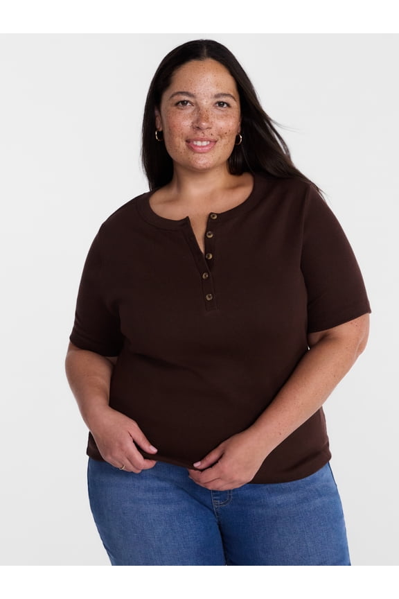 Women's Plus Ribbed Henley Top with Short Sleeves, Sizes 0X-5X