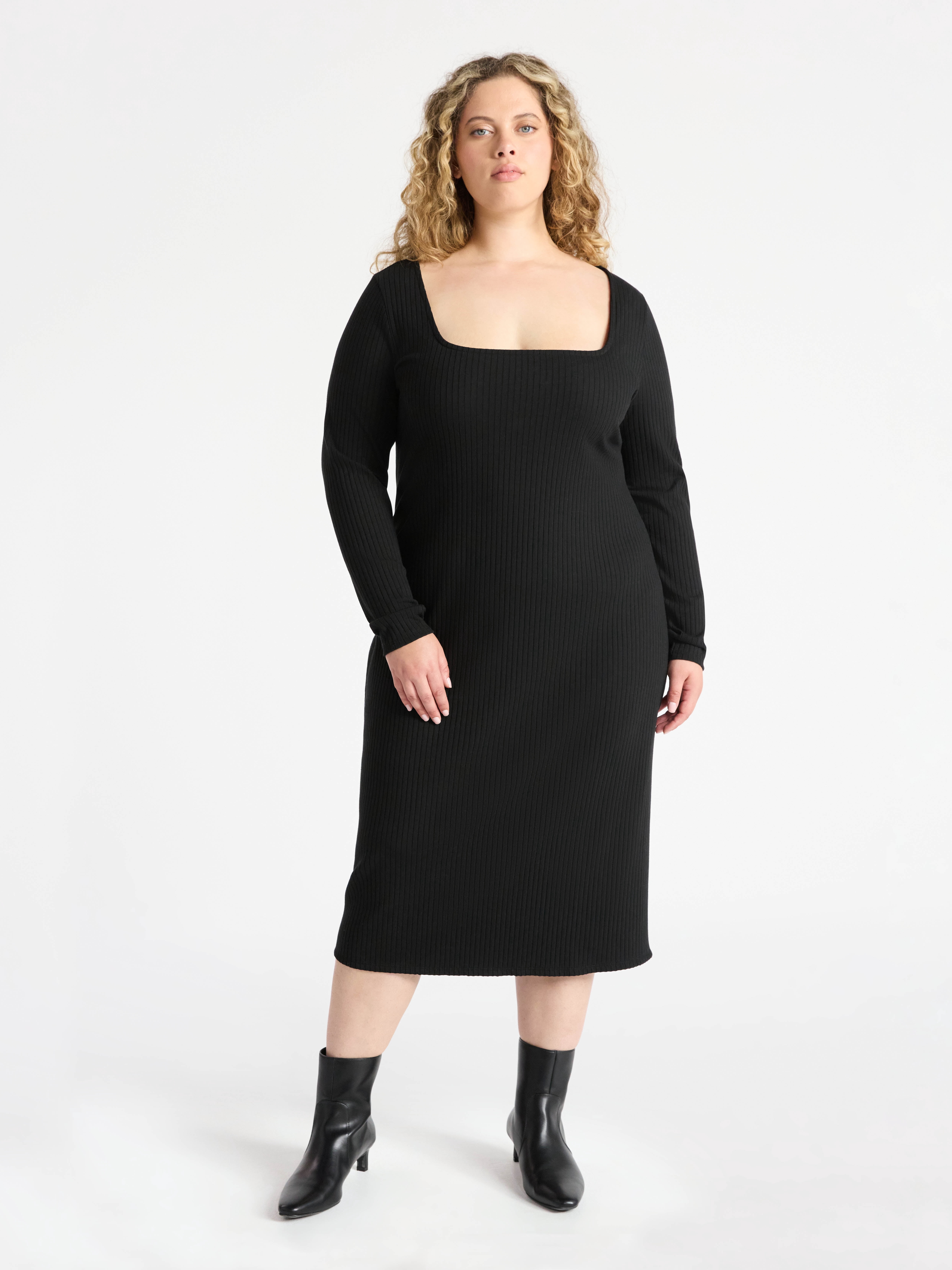 Terra & Sky Women’s Plus Ribbed Knit Midi Dress with Long Sleeves, Sizes 0X-4X