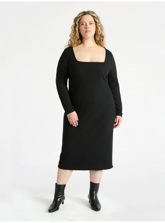 Women’s Plus Ribbed Knit Midi Dress with Long Sleeves, Sizes 0X-4X