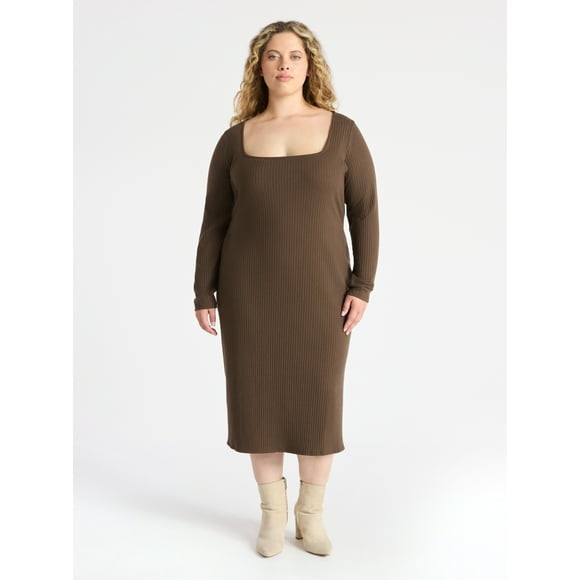 Terra & Sky Women’s Plus Ribbed Knit Midi Dress with Long Sleeves, Sizes 0X-4X