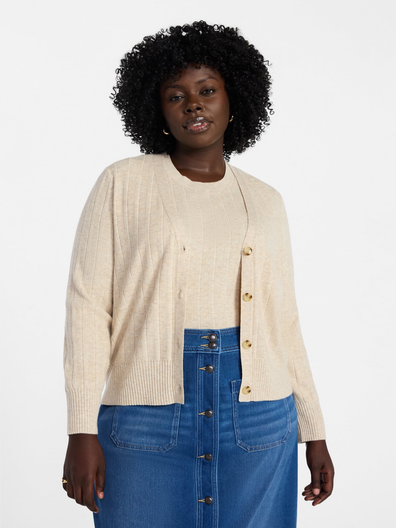 Terra & Sky Women's Plus Size Ribbed Tank Top and Cardigan Set, 2-Piece, Sizes 0X-5X