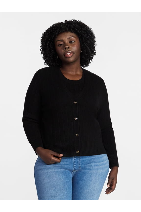 Women's Plus Size Ribbed Tank Top and Cardigan Set, 2-Piece, Sizes 0X-5X