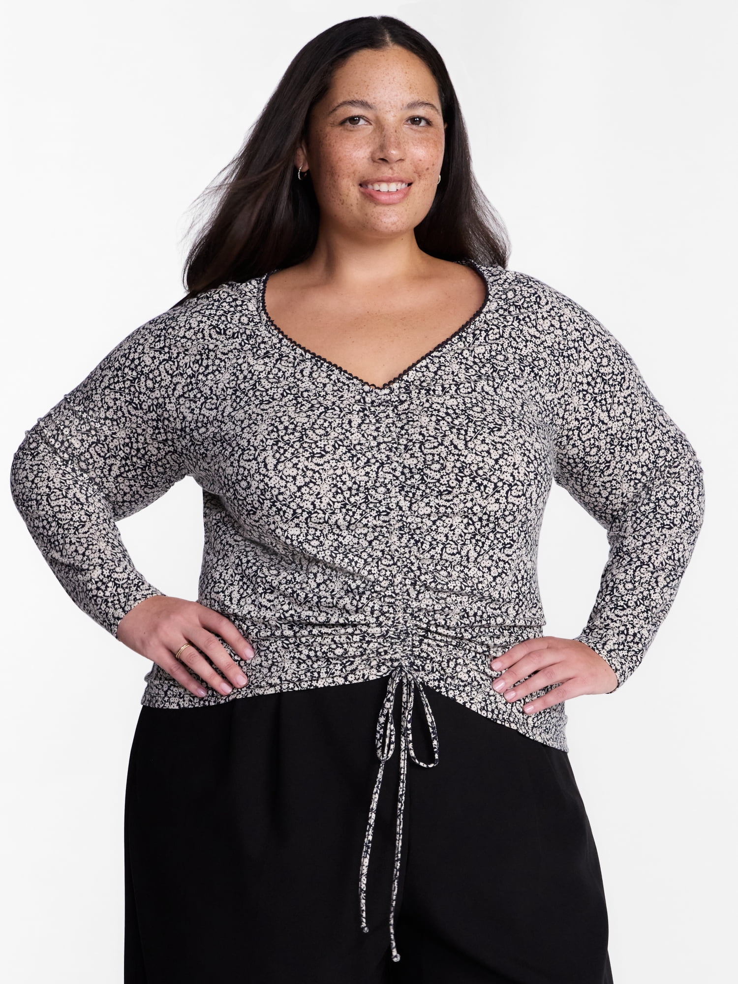 Terra & Sky Women's Plus Ruched Front Tie Hem Top with Long Sleeves, Sizes 0X-5X
