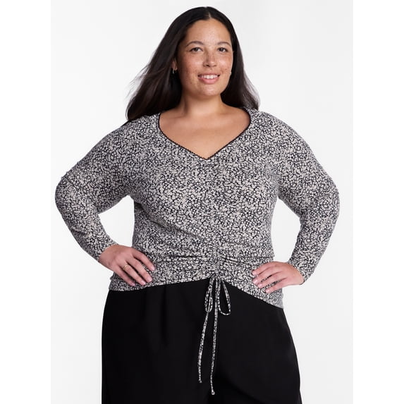 Terra & Sky Women's Plus Ruched Front Tie Hem Top with Long Sleeves, Sizes 0X-5X