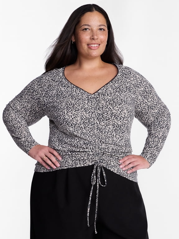 Women's Plus Ruched Front Tie Hem Top with Long Sleeves, Sizes 0X-5X
