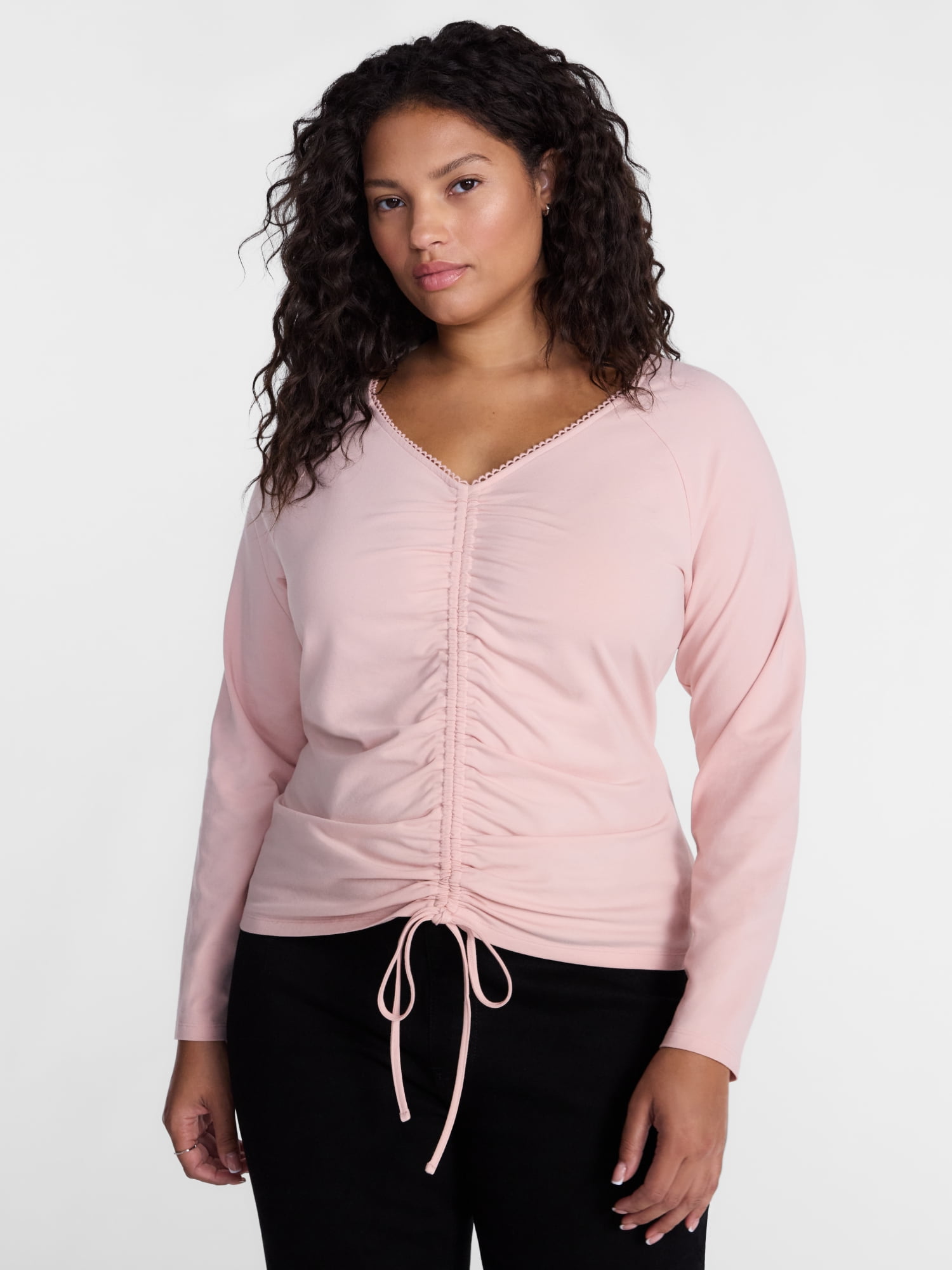 Terra & Sky Women's Plus Ruched Front Tie Hem Top with Long Sleeves, Sizes 0X-5X