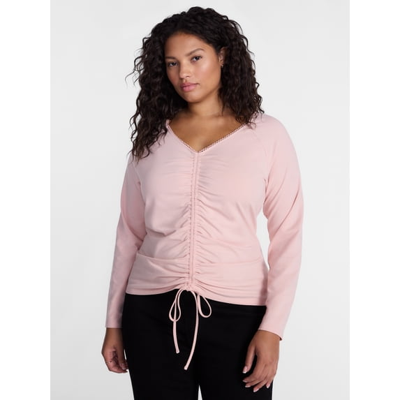 Terra & Sky Women's Plus Ruched Front Tie Hem Top with Long Sleeves, Sizes 0X-5X