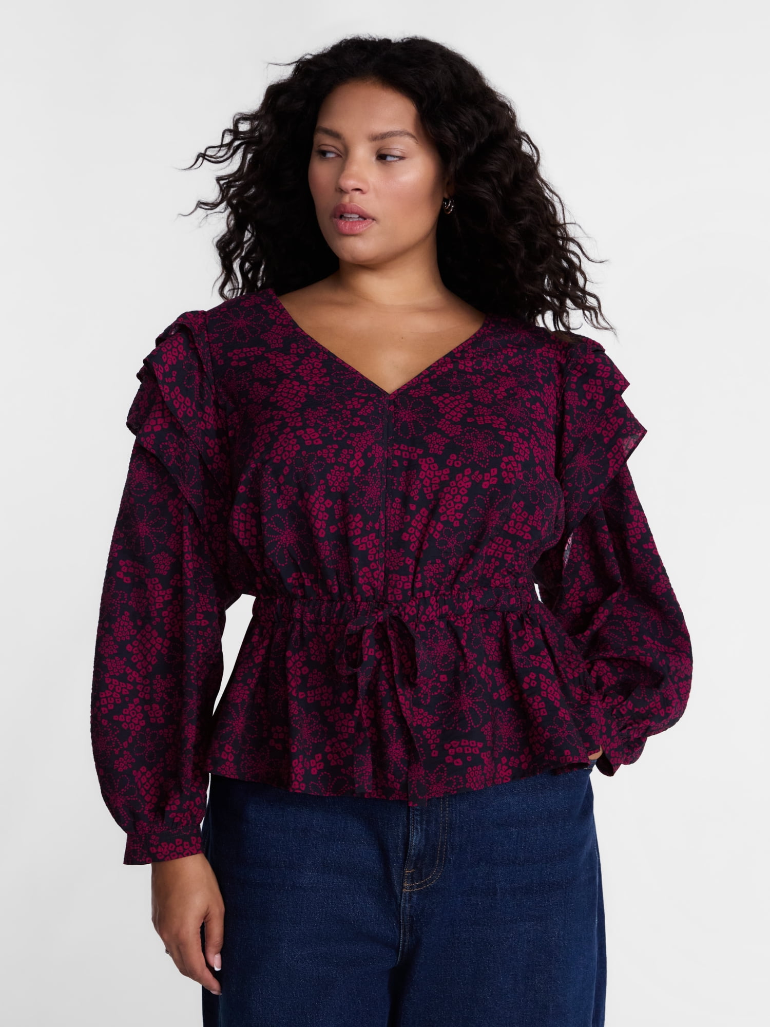 Terra & Sky Ruffled Shoulder Tie Waist Top with Long Puff Sleeves, Sizes 0X-5X