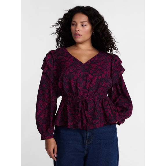 Terra & Sky Ruffled Shoulder Tie Waist Top with Long Puff Sleeves, Sizes 0X-5X