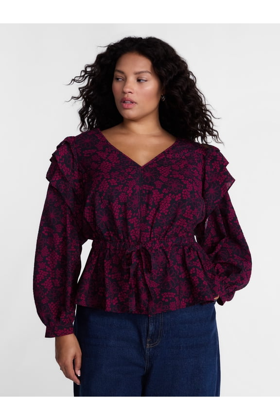 Ruffled Shoulder Tie Waist Top with Long Puff Sleeves, Sizes 0X-5X