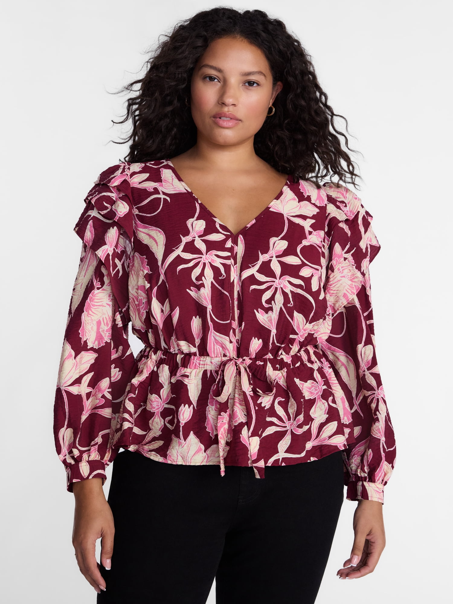 Terra & Sky Ruffled Shoulder Tie Waist Top with Long Puff Sleeves, Sizes 0X-5X