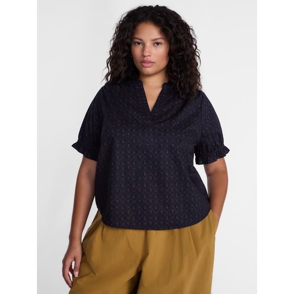 Terra & Sky Women's Plus Flowy Cotton Blouse with Short Ruffled Sleeves, Sizes 0X-5X