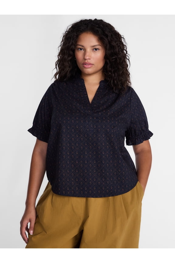 Women's Plus Flowy Cotton Blouse with Short Ruffled Sleeves, Sizes 0X-5X