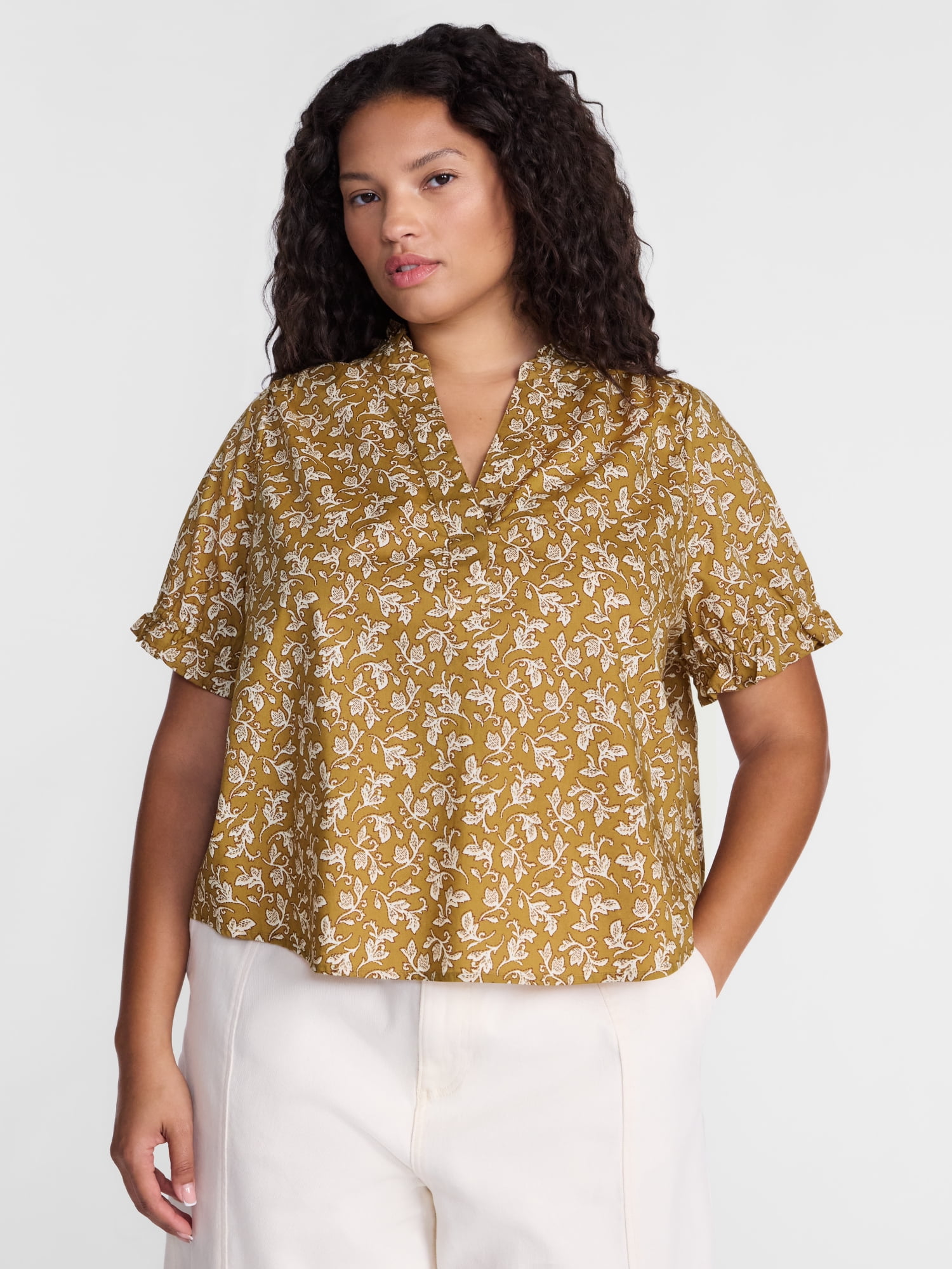 Terra & Sky Women's Plus Flowy Cotton Blouse with Short Ruffled Sleeves, Sizes 0X-5X