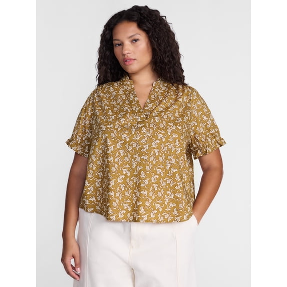 Terra & Sky Women's Plus Flowy Cotton Blouse with Short Ruffled Sleeves, Sizes 0X-5X