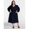 thumbnail image 1 of Terra & Sky Women’s Plus Tie Waist Midi Dress with Long Puff Sleeves, Sizes 0X-5X, 1 of 4