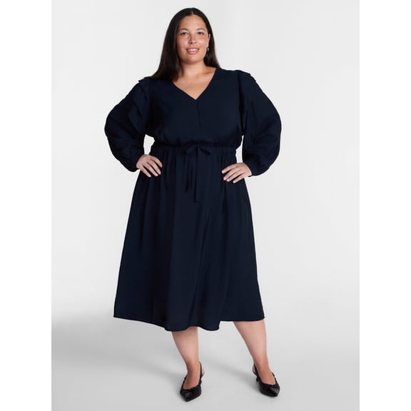 Terra & Sky Women’s Plus Tie Waist Midi Dress with Long Puff Sleeves, Sizes 0X-5X