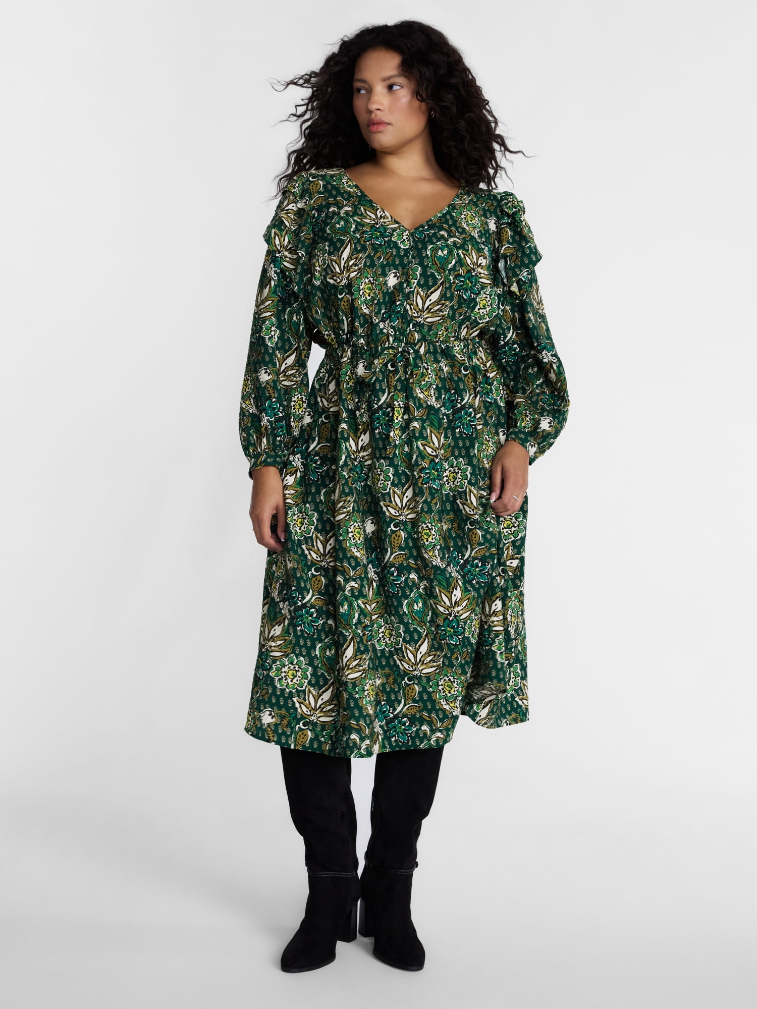 Terra & Sky Women’s Plus Tie Waist Midi Dress with Long Puff Sleeves, Sizes 0X-5X