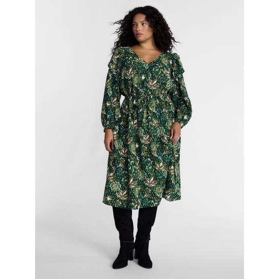 Terra & Sky Women’s Plus Tie Waist Midi Dress with Long Puff Sleeves, Sizes 0X-5X