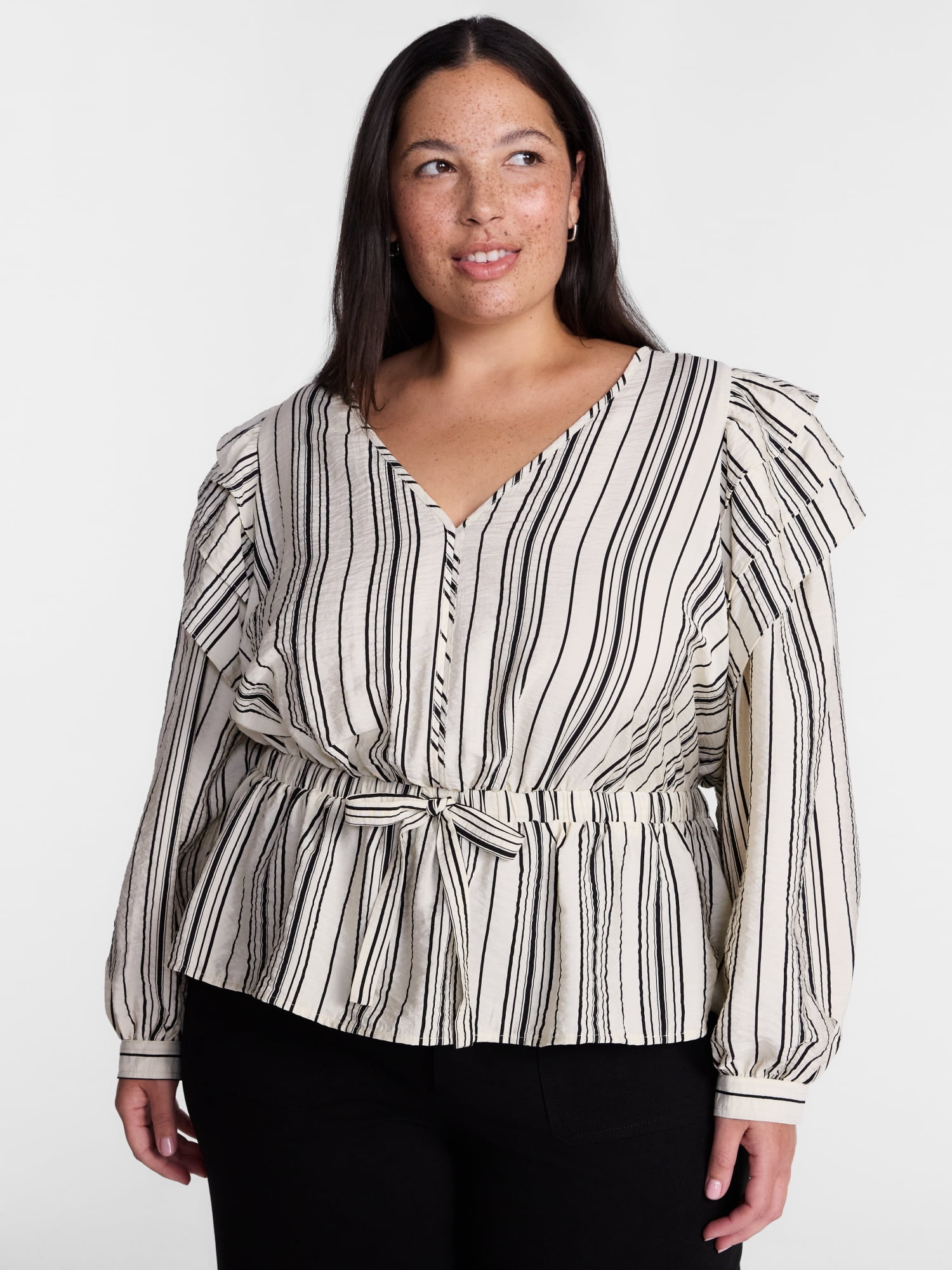 Terra & Sky Ruffled Shoulder Tie Waist Top with Long Puff Sleeves, Sizes 0X-5X