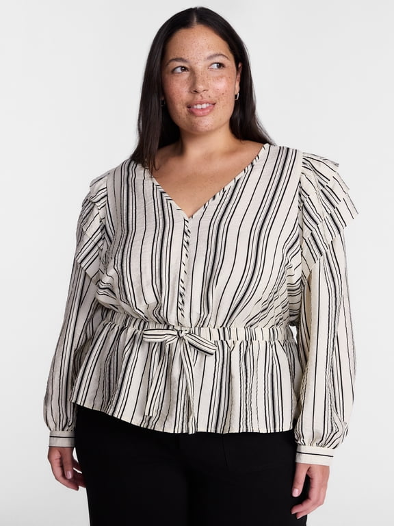 Ruffled Shoulder Tie Waist Top with Long Puff Sleeves, Sizes 0X-5X
