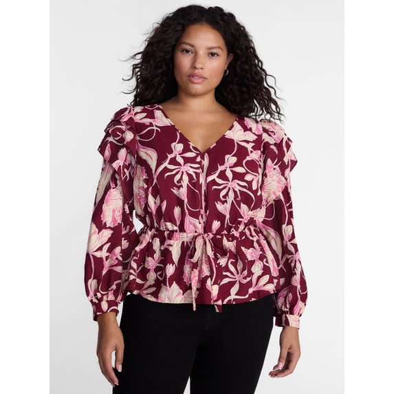 Terra & Sky Ruffled Shoulder Tie Waist Top with Long Puff Sleeves, Sizes 0X-5X