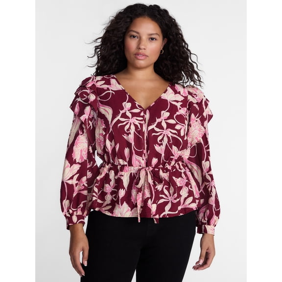 Terra & Sky Ruffled Shoulder Tie Waist Top with Long Puff Sleeves, Sizes 0X-5X
