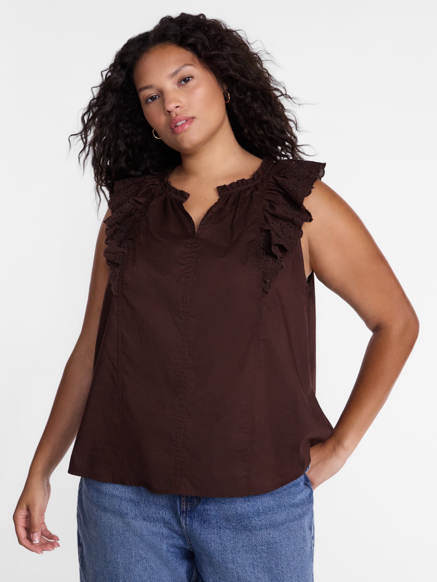 Terra & Sky Women's Plus Sleeveless Eyelet Ruffled Trim Cotton Tank Top, Sizes 0X-5X