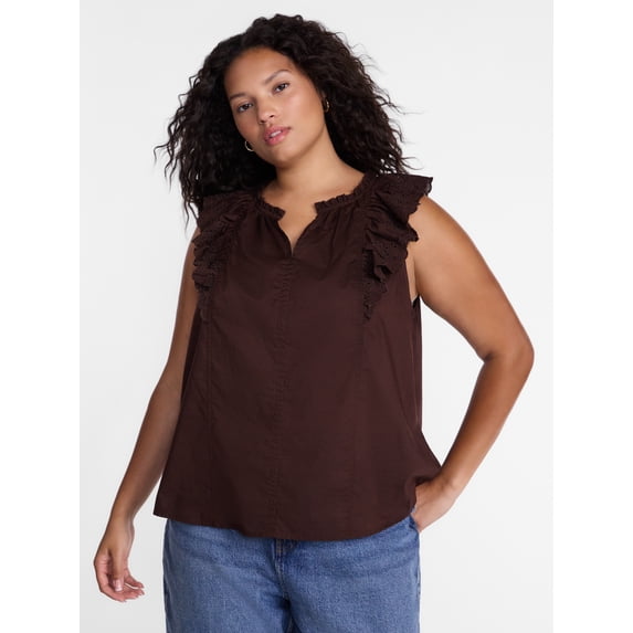 Terra & Sky Women's Plus Sleeveless Eyelet Ruffled Trim Cotton Tank Top, Sizes 0X-5X