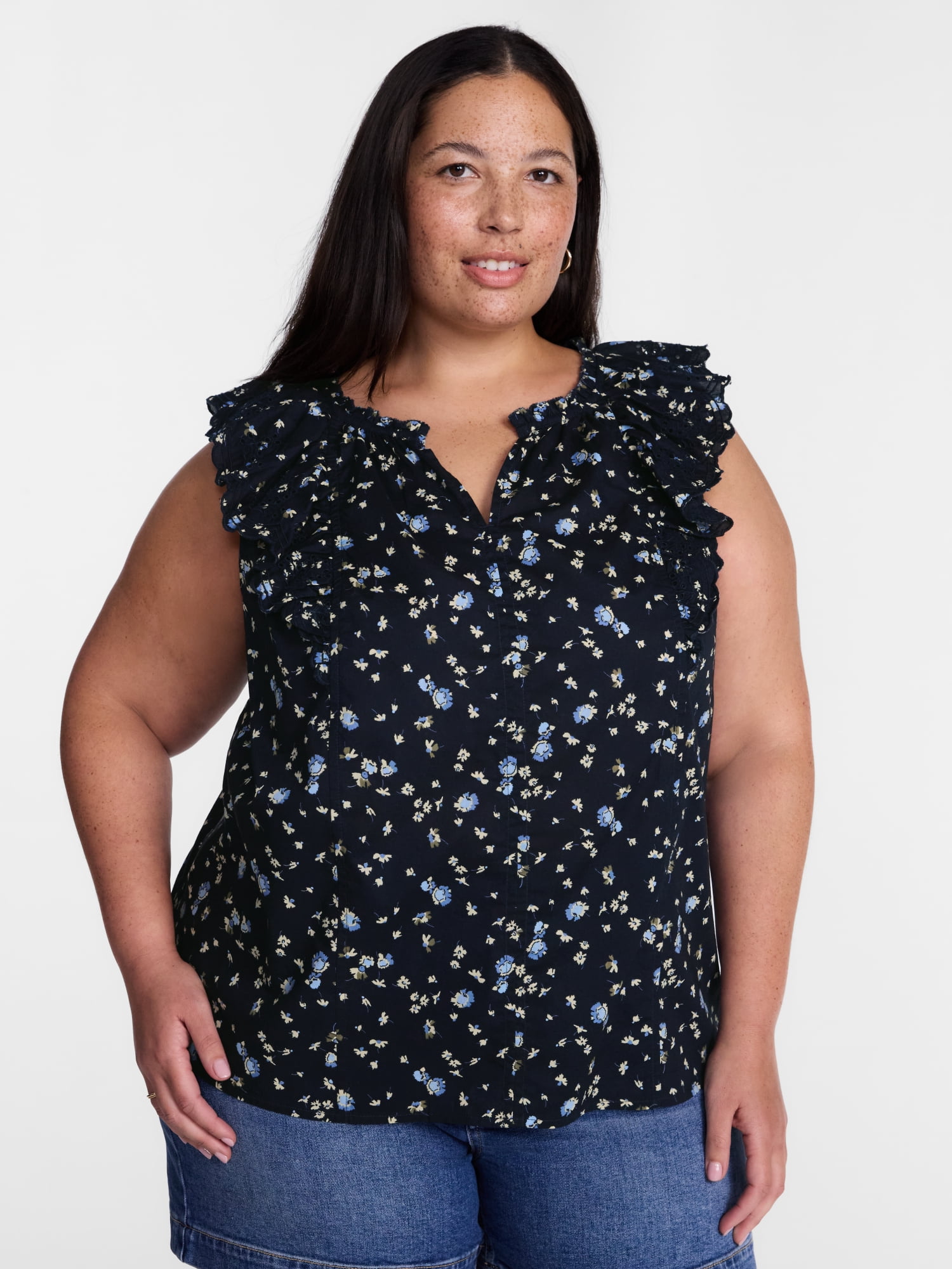Terra & Sky Women's Plus Sleeveless Eyelet Ruffled Trim Cotton Tank Top, Sizes 0X-5X