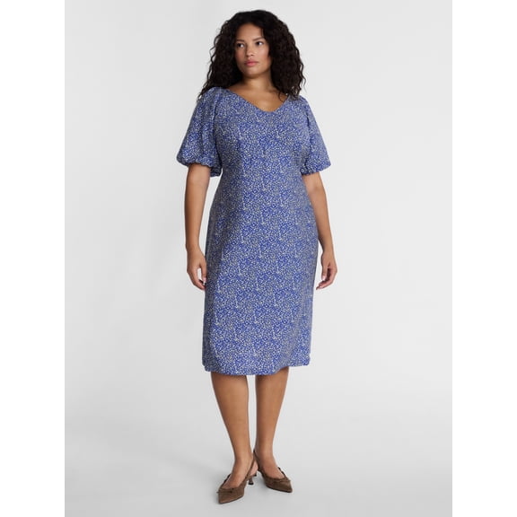 Terra & Sky Women's Plus V Neck Midi Dress with Short Puff Sleeves, Sizes 0X-5X