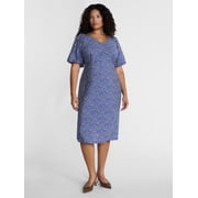 Terra & Sky Womens Plus V Neck Midi Dress with Short Puff Sleeves, Sizes 0X-5X