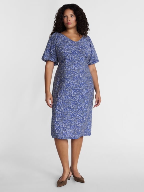 Women's Plus, Scoop Neck Puff Sleeve Midi Dress Sizes 0X-5X