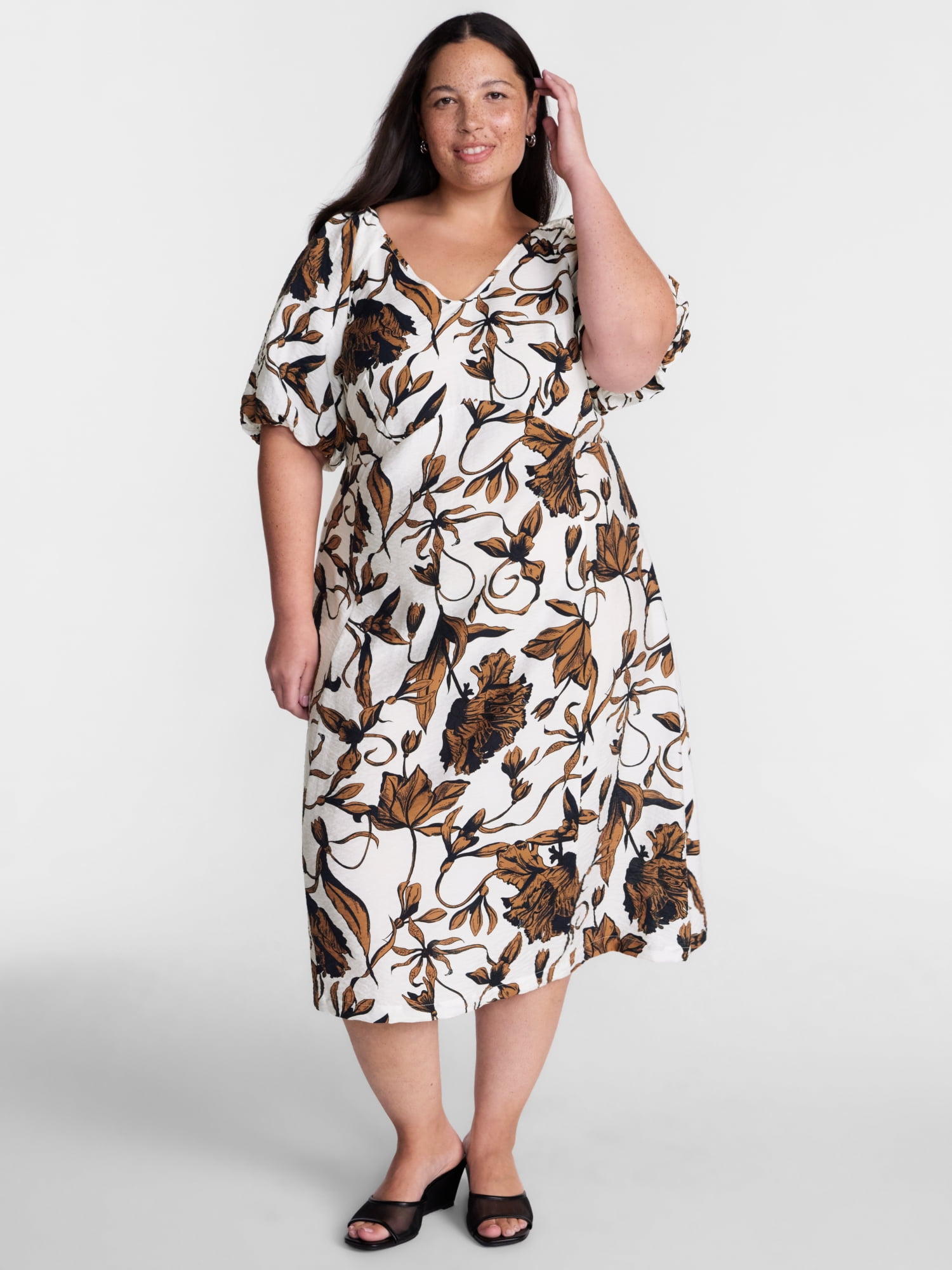 Terra & Sky Women's Plus V Neck Midi Dress with Short Puff Sleeves, Sizes 0X-5X
