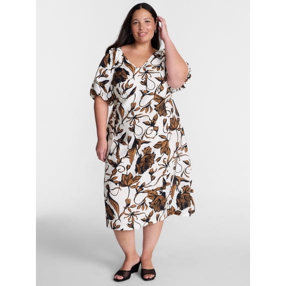 Terra & Sky Women's Plus V Neck Midi Dress with Short Puff Sleeves, Sizes 0X-5X