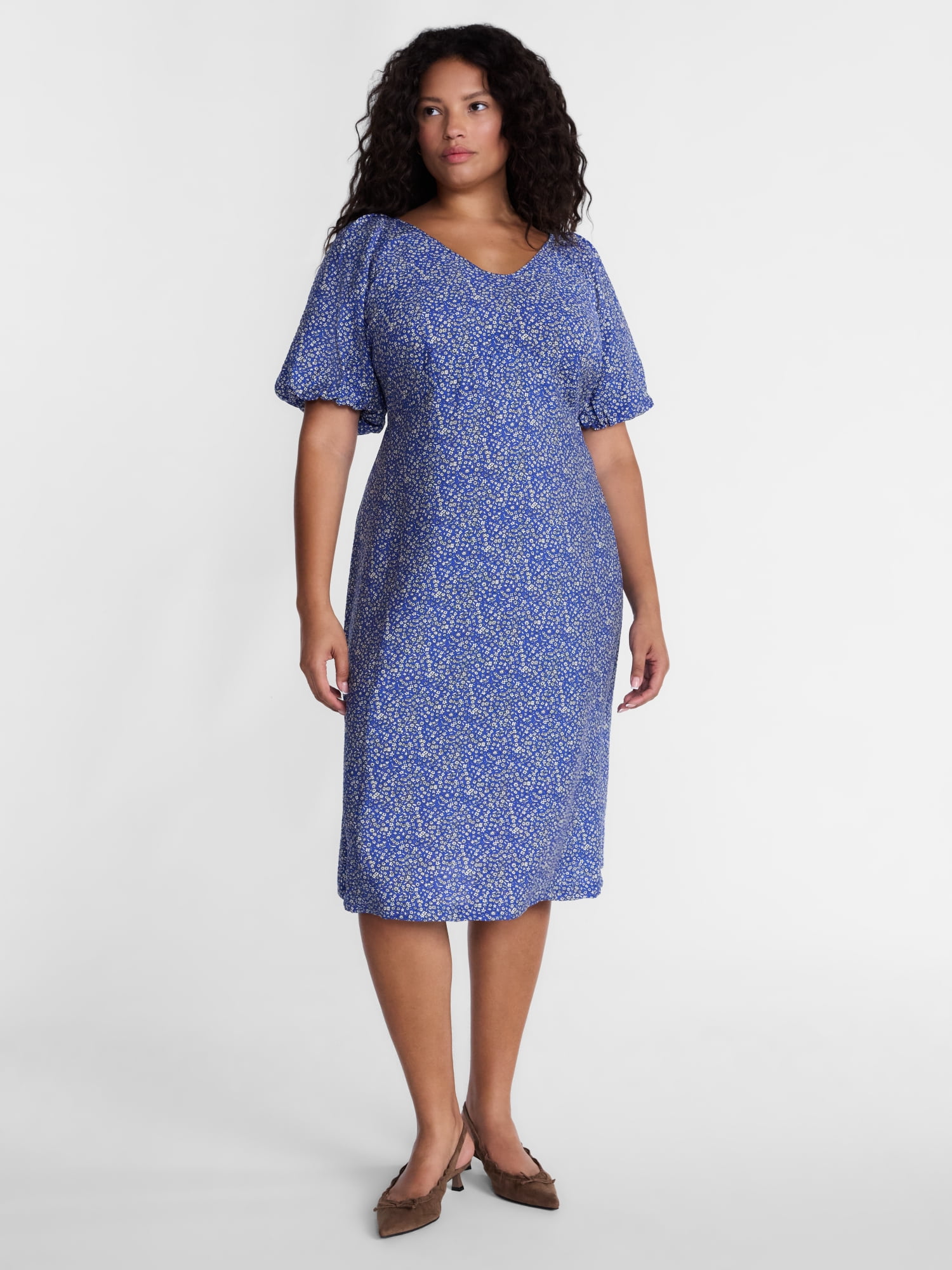 Terra & Sky Women's Plus V Neck Midi Dress with Short Puff Sleeves, Sizes 0X-5X
